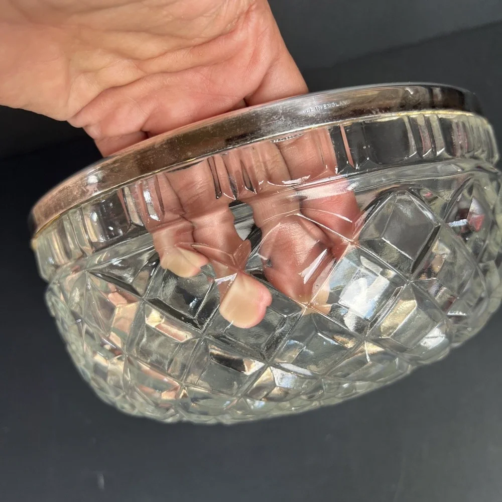 VTG Heavy Cut Glass Serving Bowl with Silver Plated Rim Large 8.25